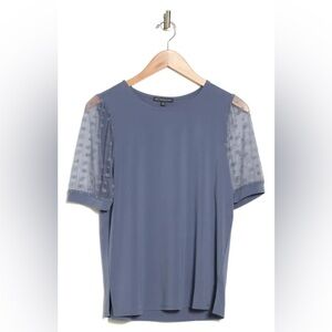 Adrianna Papell Daisy Mesh Sleeve Crepe Top In Blue Size Medium Petite